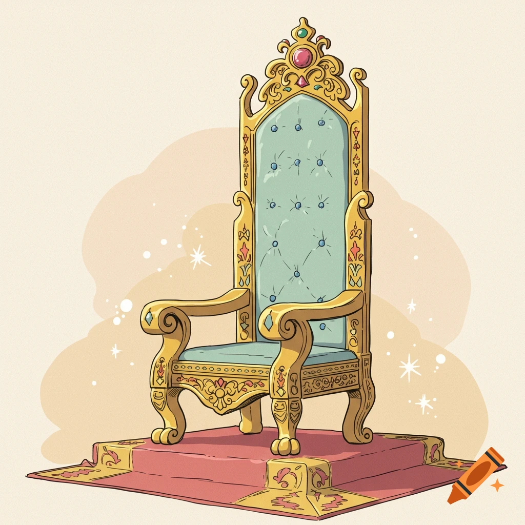 A whimsical, hand-drawn style illustration of an ornate gold and teal royal throne on a red carpeted platform.