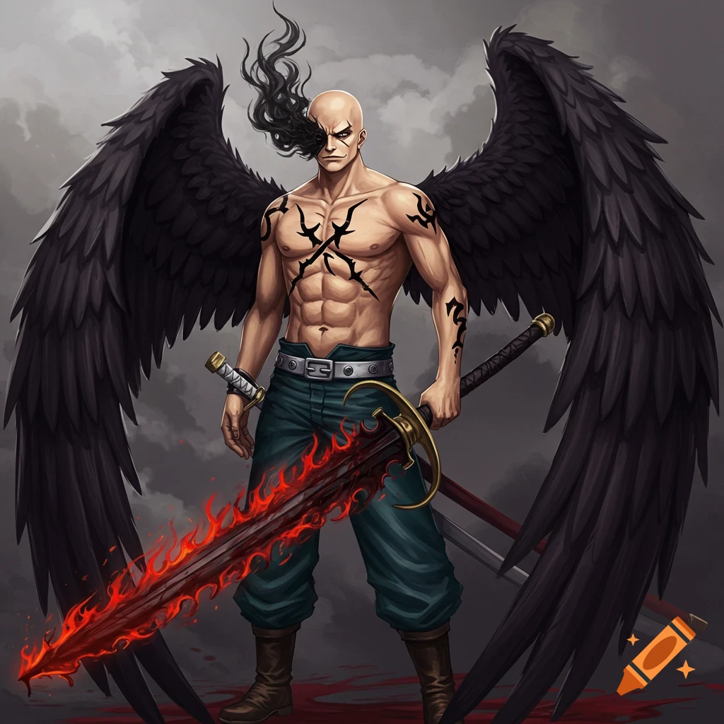 A bald man with large black wings and chest tattoos stands holding a fiery red sword.