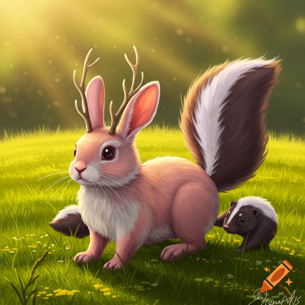 A pink jackalope-like creature with a skunk tail and a baby skunk sit in a sunny field.