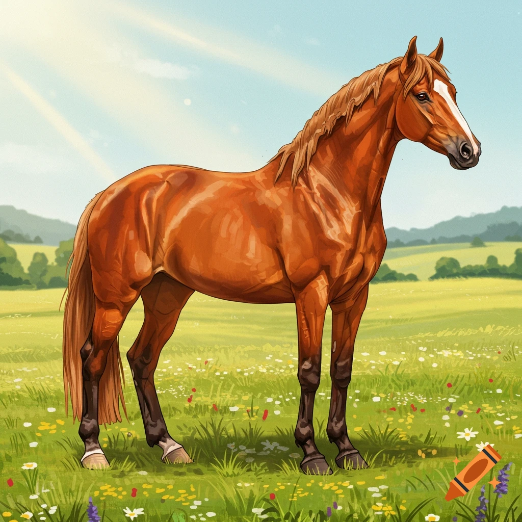A brown horse stands in a field filled with flowers under a sunny sky.