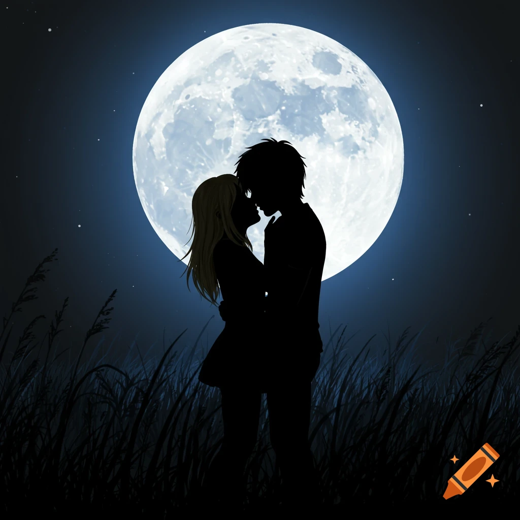 A couple kissing in silhouette under a full moon.