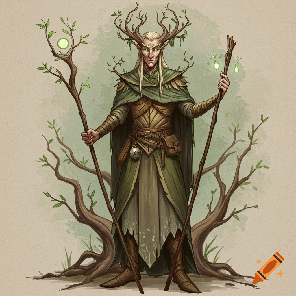An illustration of a wood elf warlock with antlers and staff, standing by tree roots