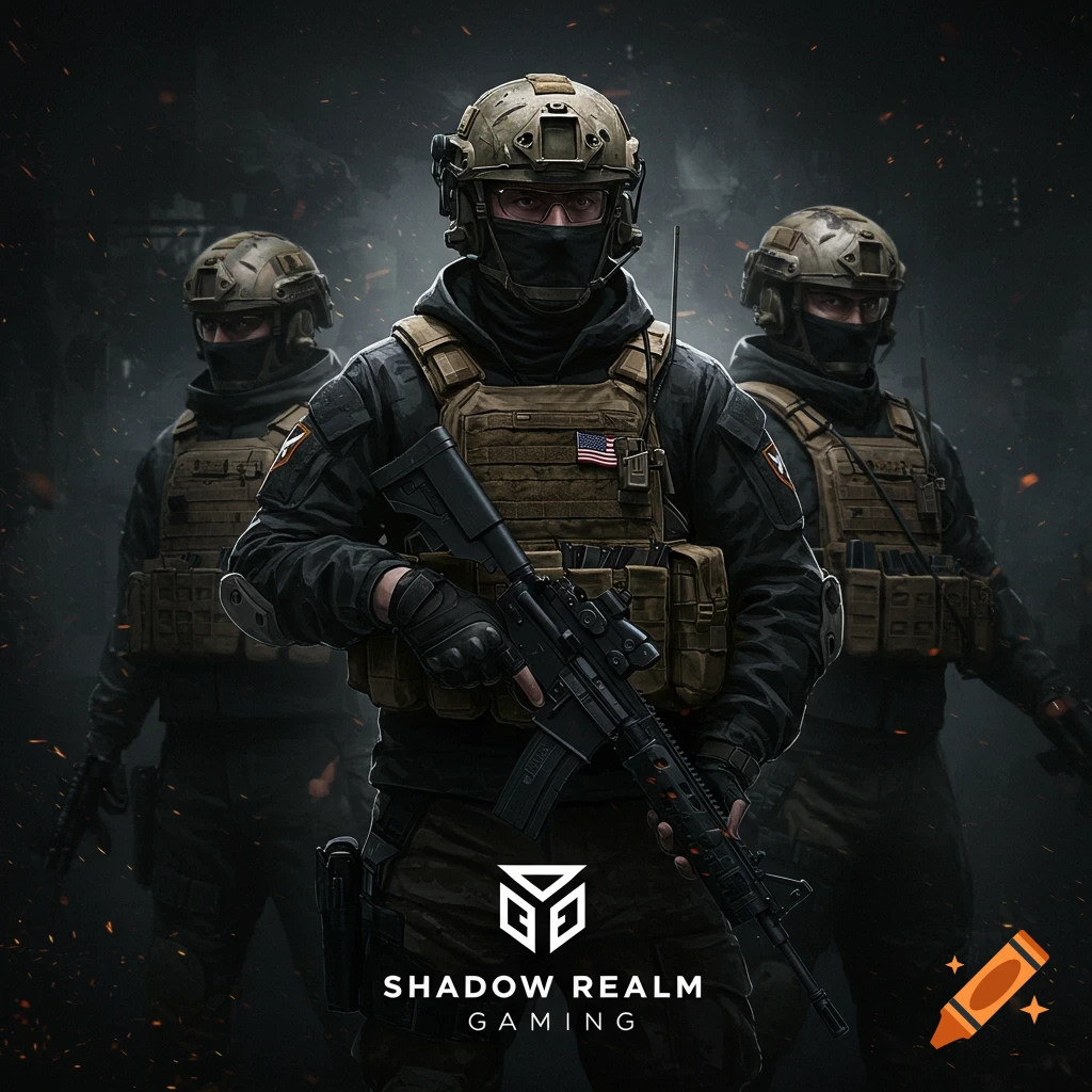 Three military soldiers in tactical gear holding rifles, standing in a shadowy scene with the text "SHADOW REALM GAMING".
