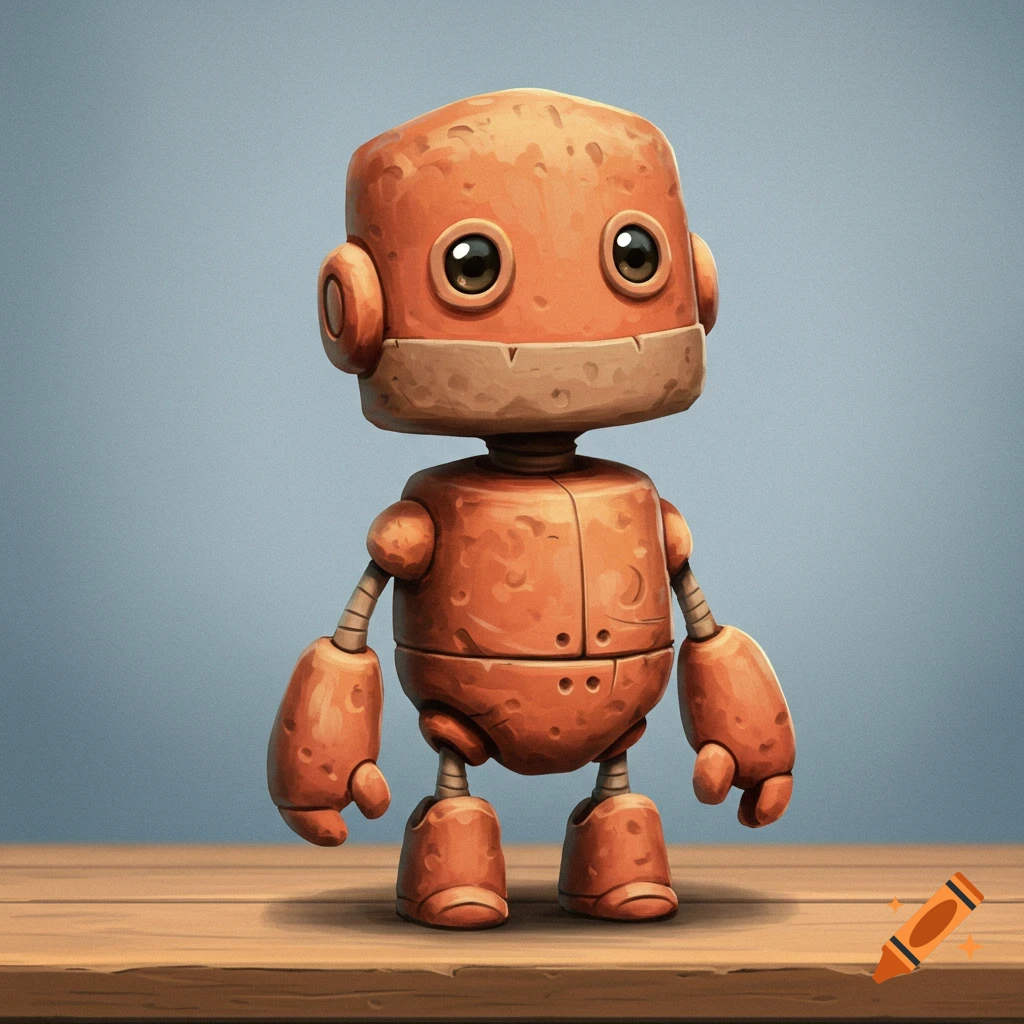 A small clay robot standing on a wooden surface.
