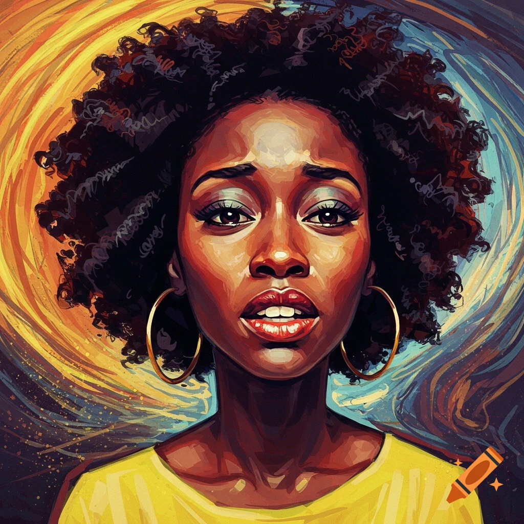 Expressionist portrayal of a Black woman with curly hair and hoop earrings against a swirling background.