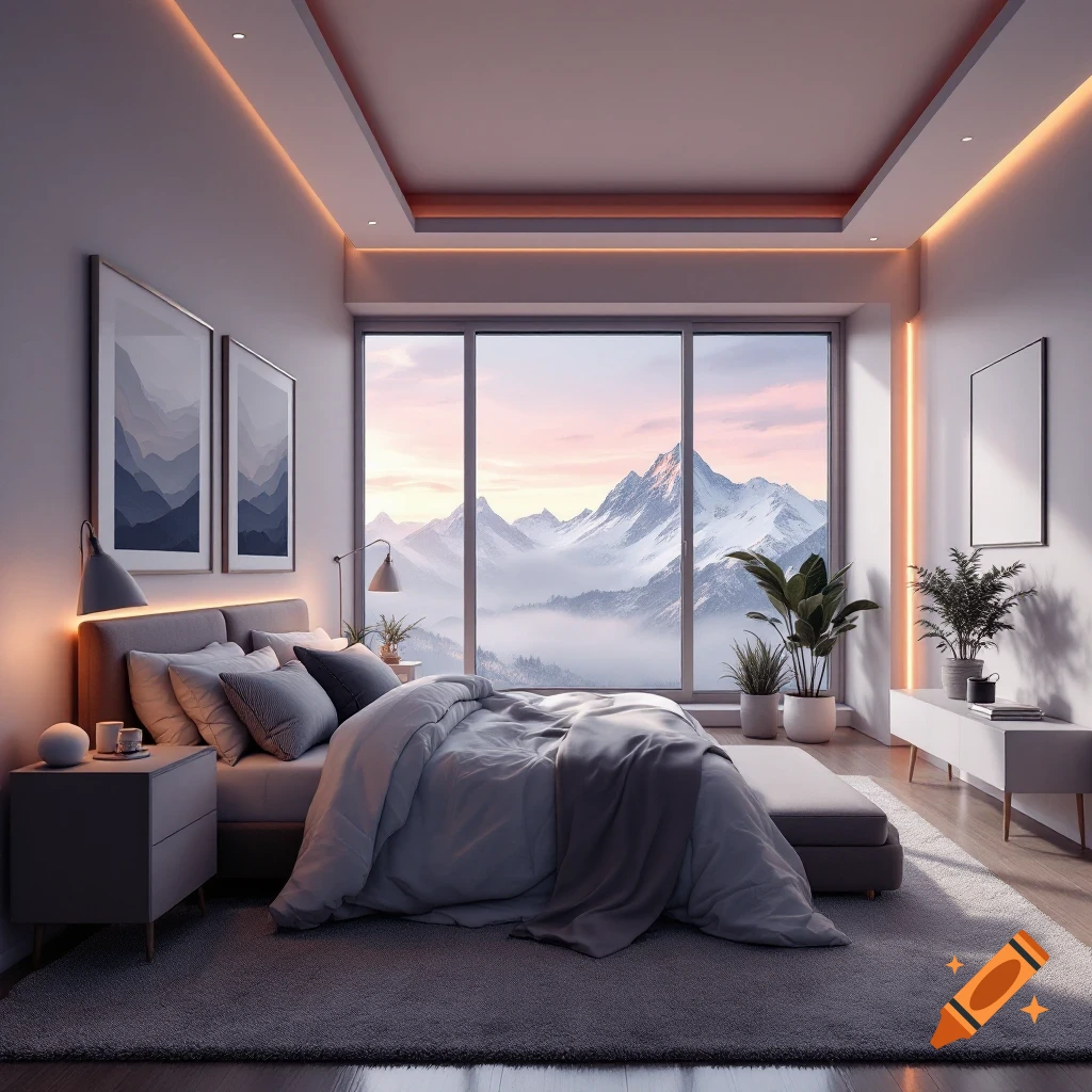 A modern bedroom with a large window overlooking snowy mountains at sunset.