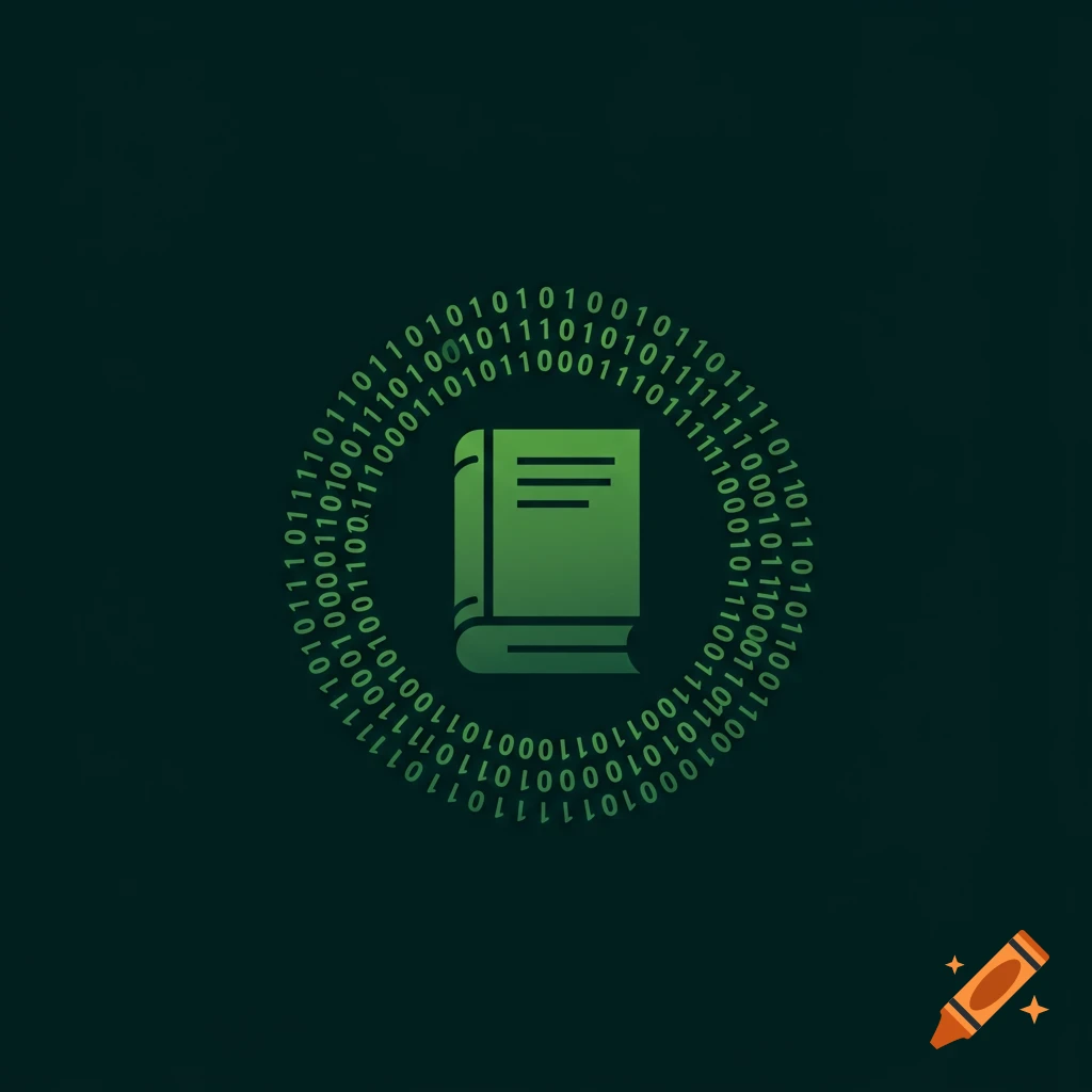 A green book graphic encircled by binary code on a dark green background, designed as a logo.