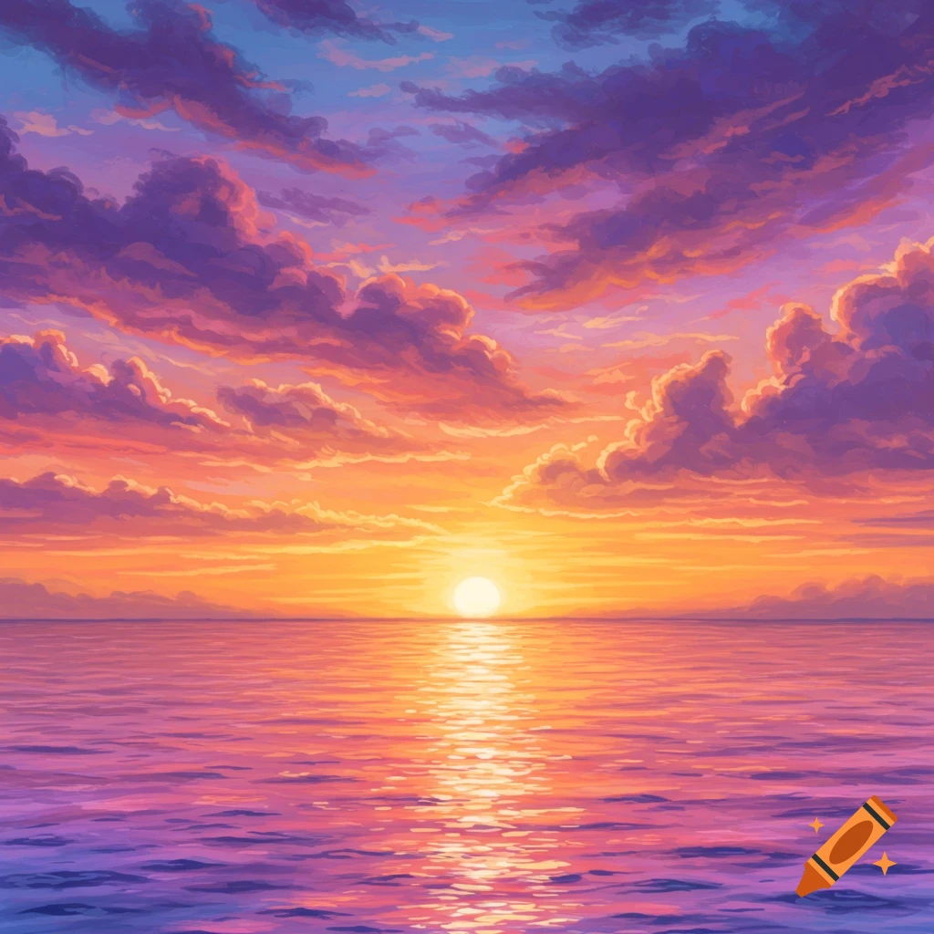 A vibrant sunset over the ocean with colorful clouds.