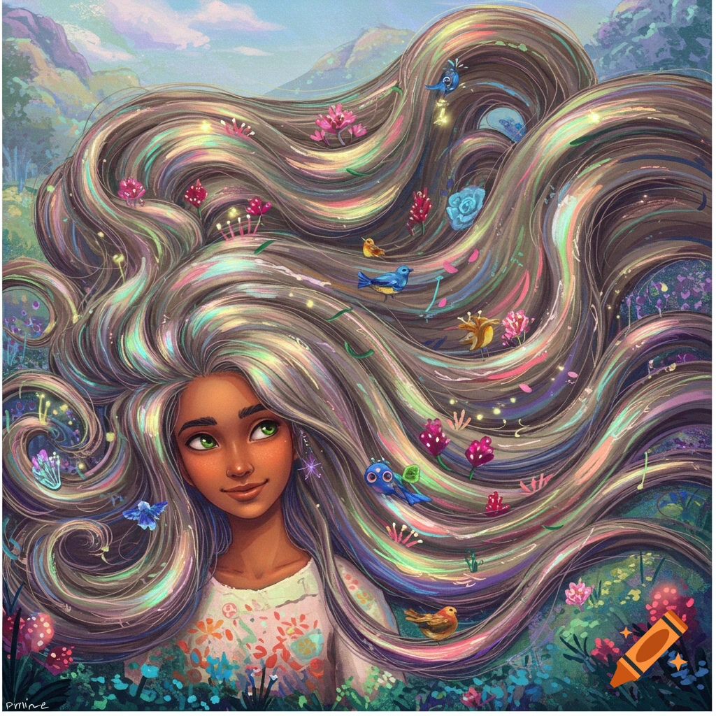 A person with immense, flowing hair filled with birds, flowers, and music notes in a vibrant landscape.