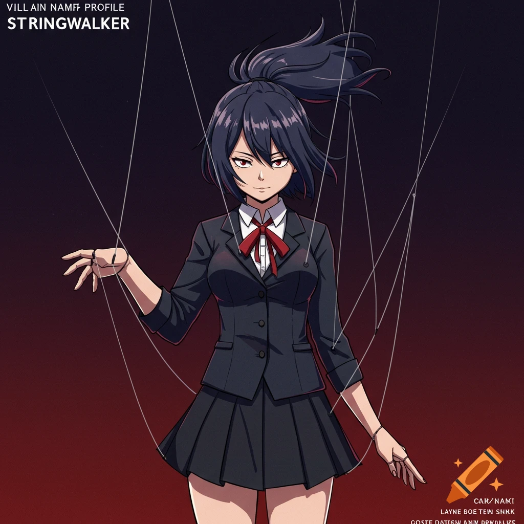 An anime-style woman in a black school uniform standing like a marionette with strings attached to her hands, against a red and black background.