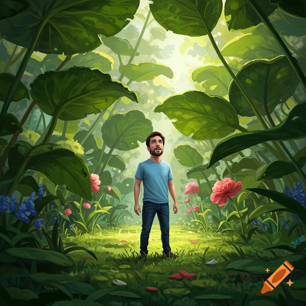 A tiny man in a light blue shirt and jeans stands in a lush garden with towering leaves and flowers, looking up in wonder.