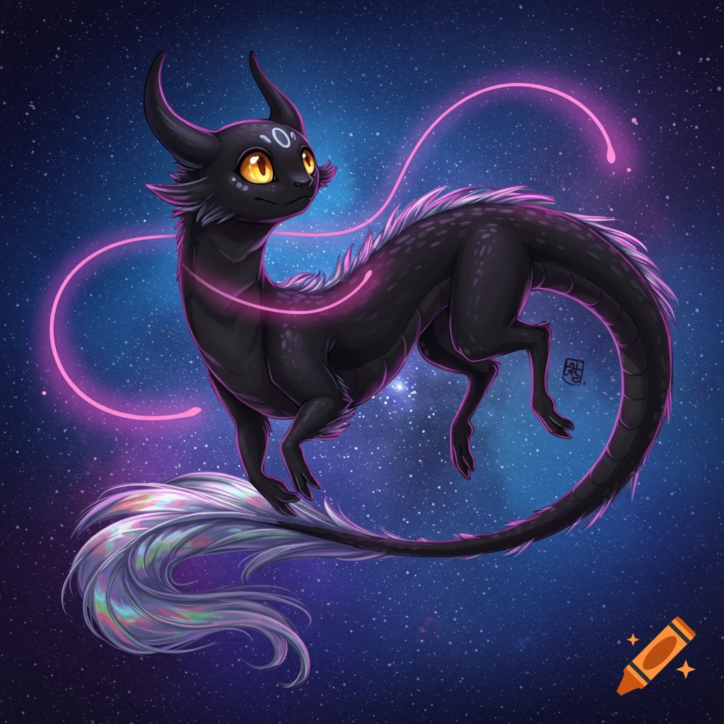 A dark fantasy creature with glowing eyes and a shimmering tail floats in space with pink light trails.