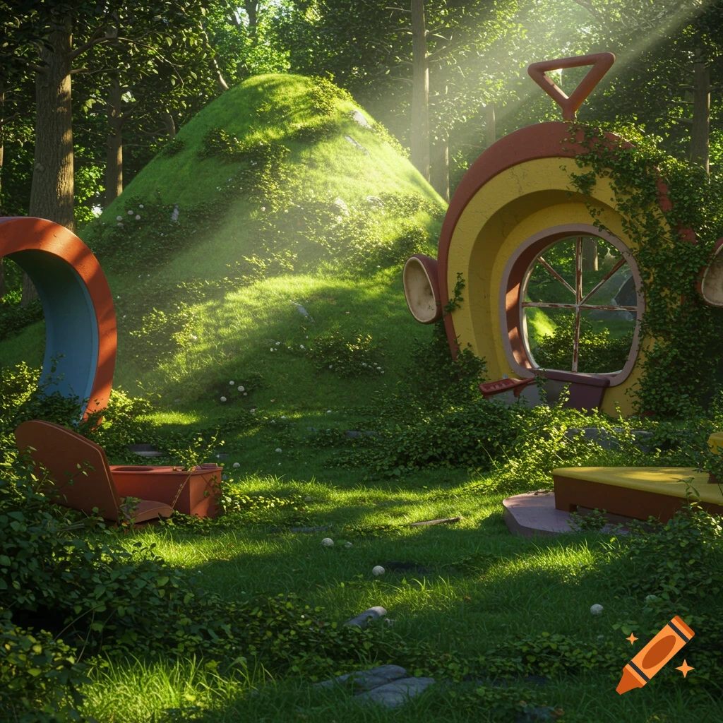 Abandoned, overgrown Teletubbies set in a sunlit forest, photorealistic style.