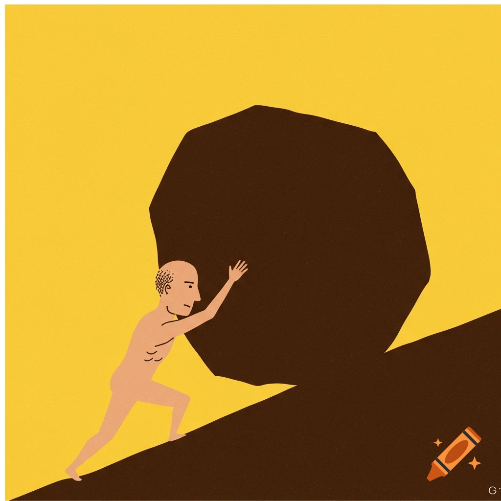 Stylized illustration of Sisyphus pushing a large rock uphill.