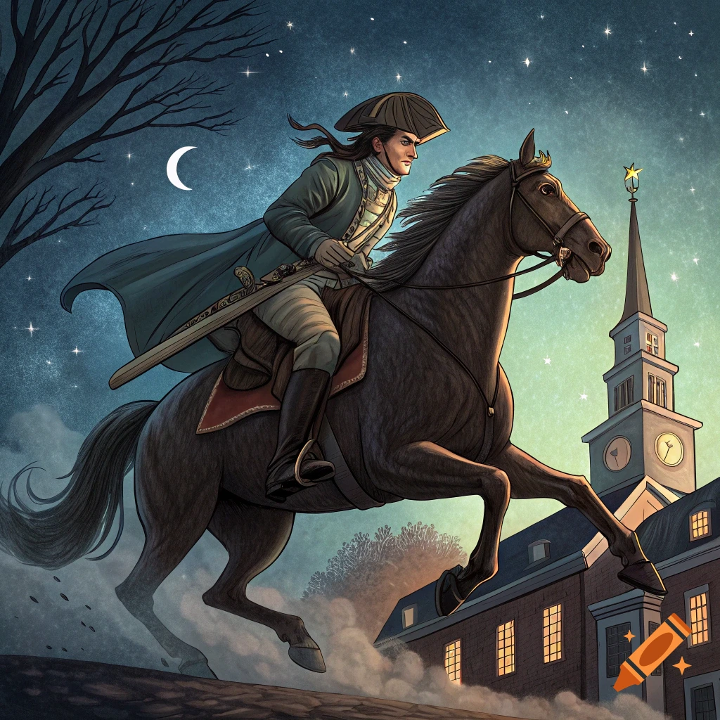 Illustration of Paul Revere riding a horse at night past a church steeple.