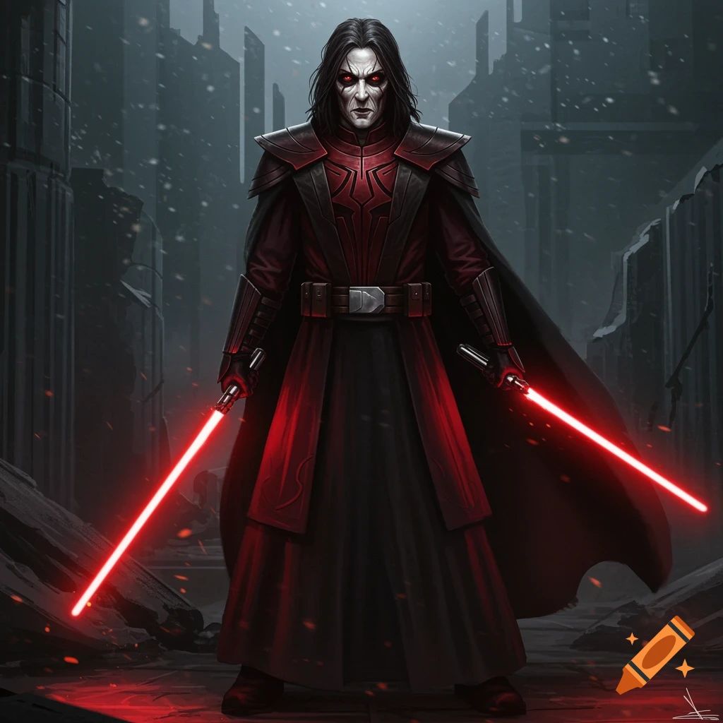 A dark-robed figure with red eyes holds two red lightsabers in ruins.