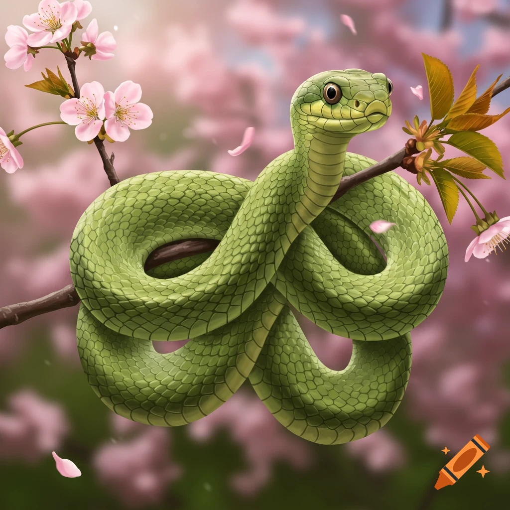 A vibrant green snake coiled around a branch with pink cherry blossoms.