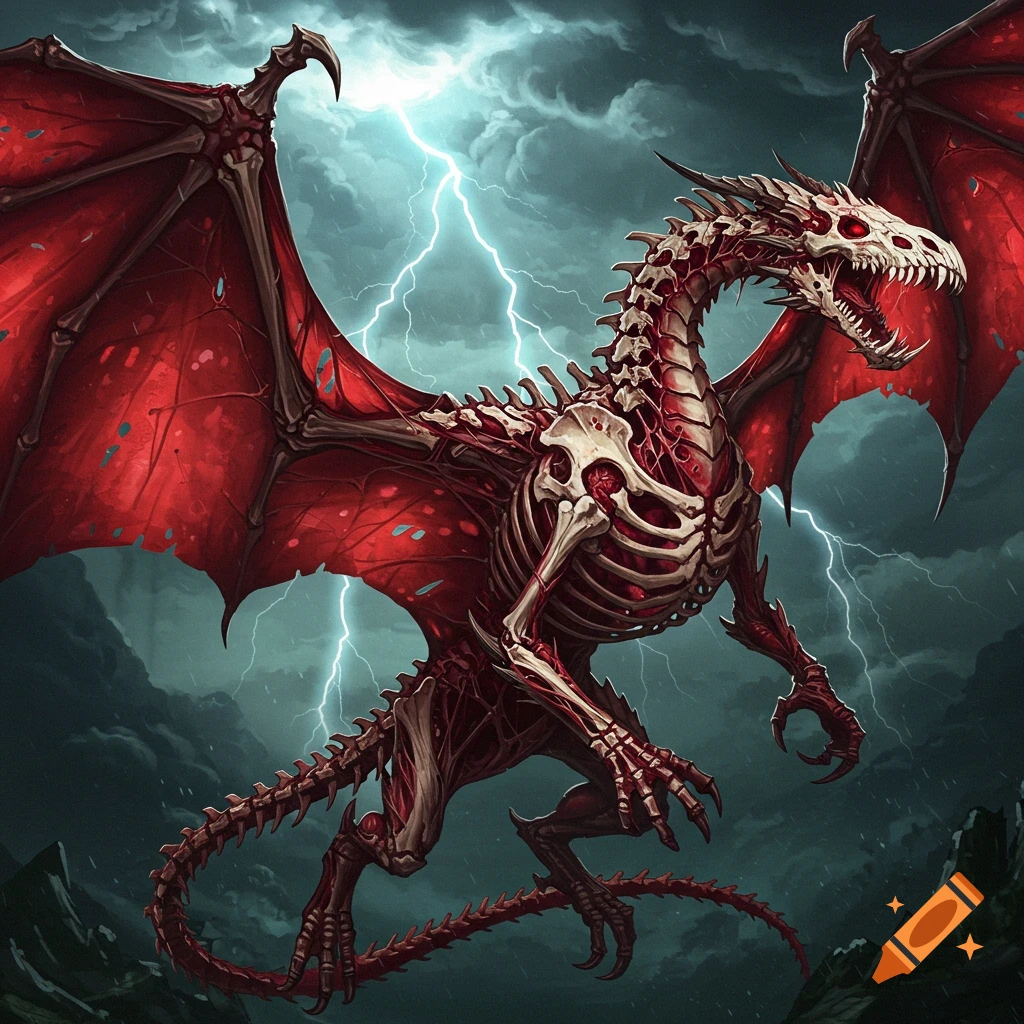 A skeletal dragon with red wings soars through a stormy sky illuminated by lightning.