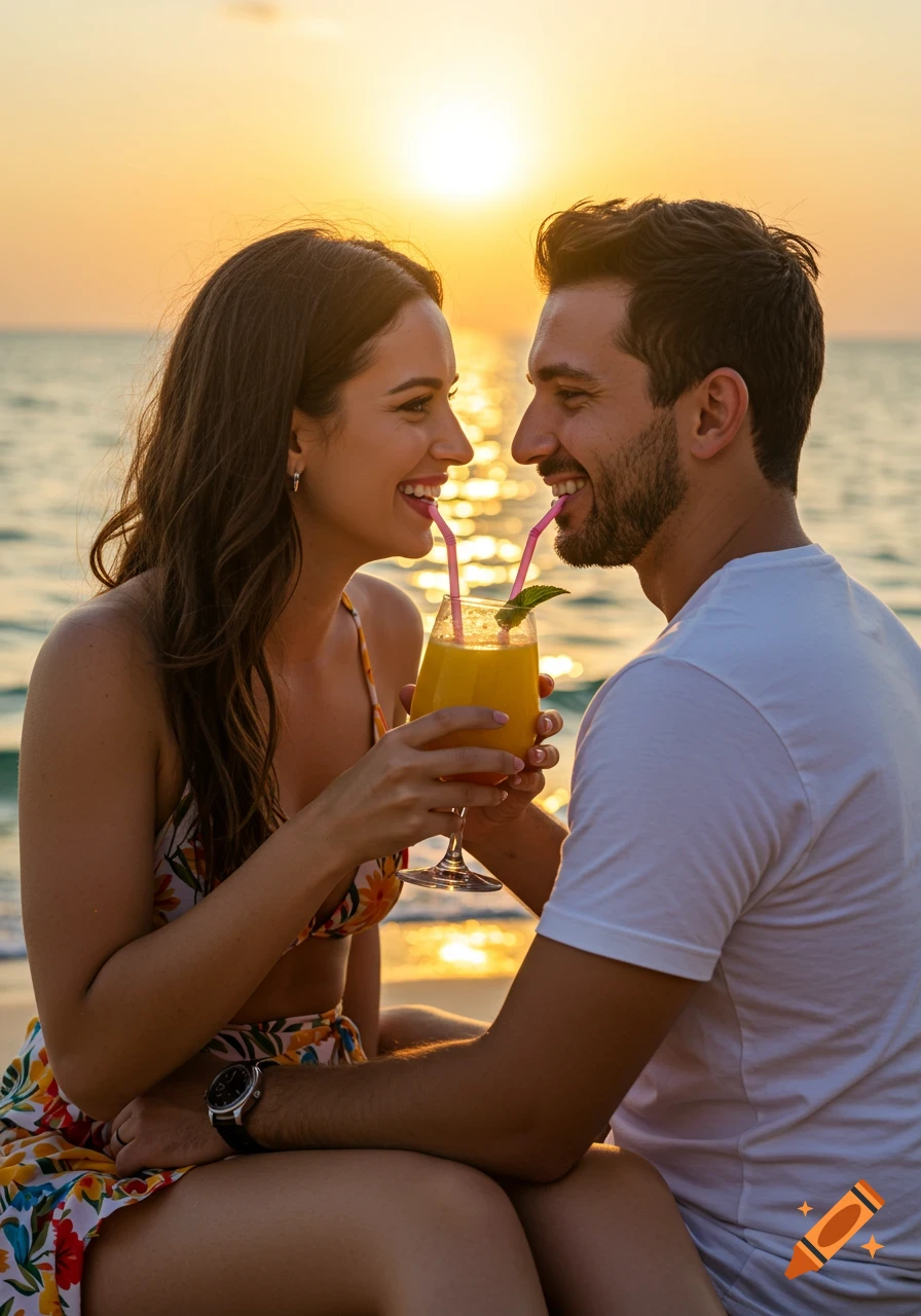 A couple shares a drink on the beach at sunset, smiling at each other. Photorealistic.