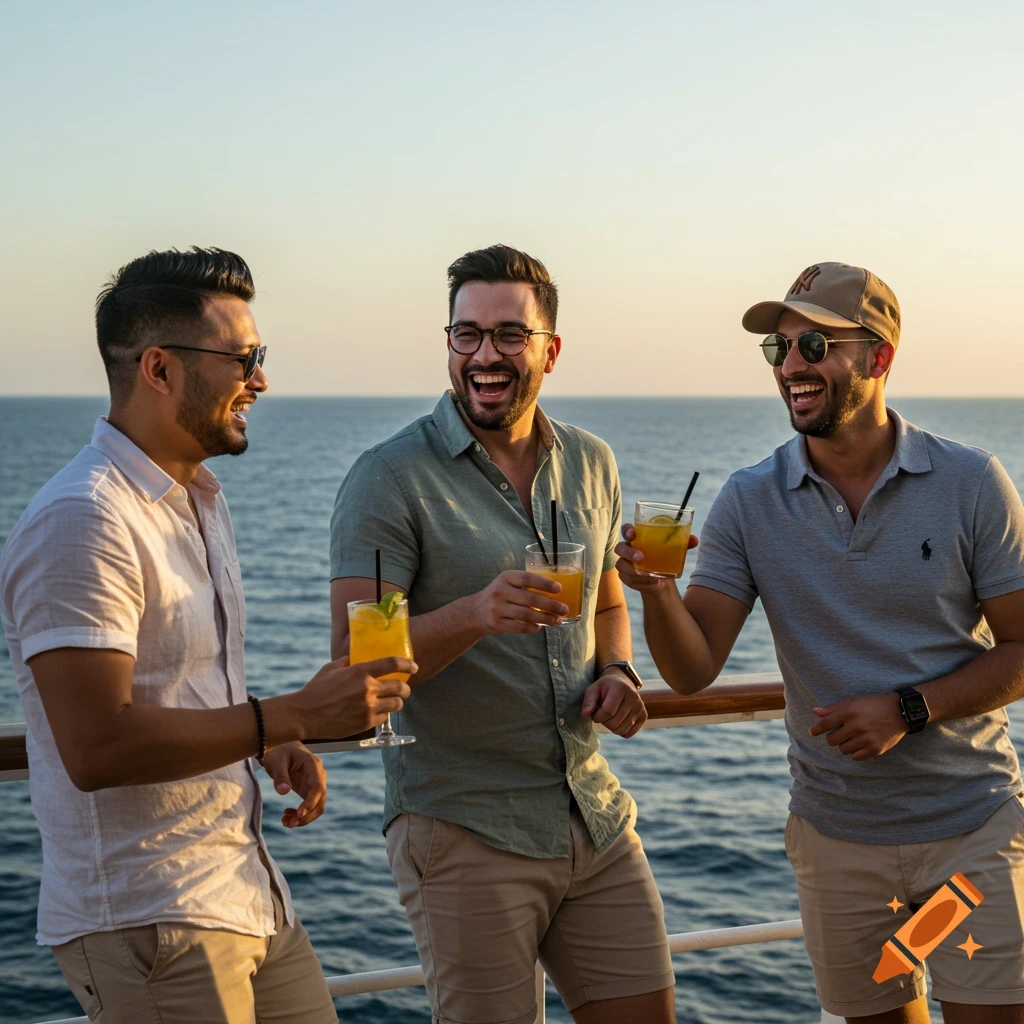 Three men smiling and toasting with drinks on a cruise ship deck at sunset.