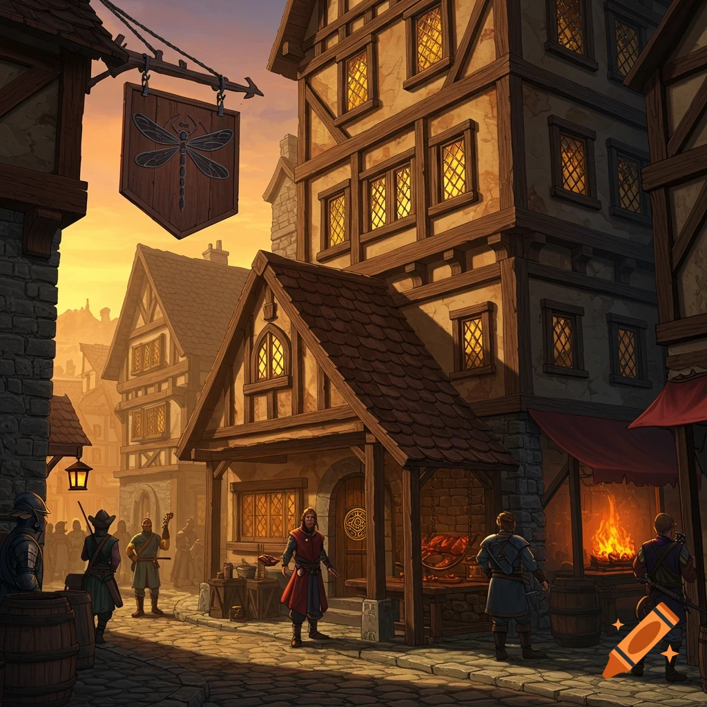 A bustling fantasy town street scene at sunset with an inn, buildings, and people.