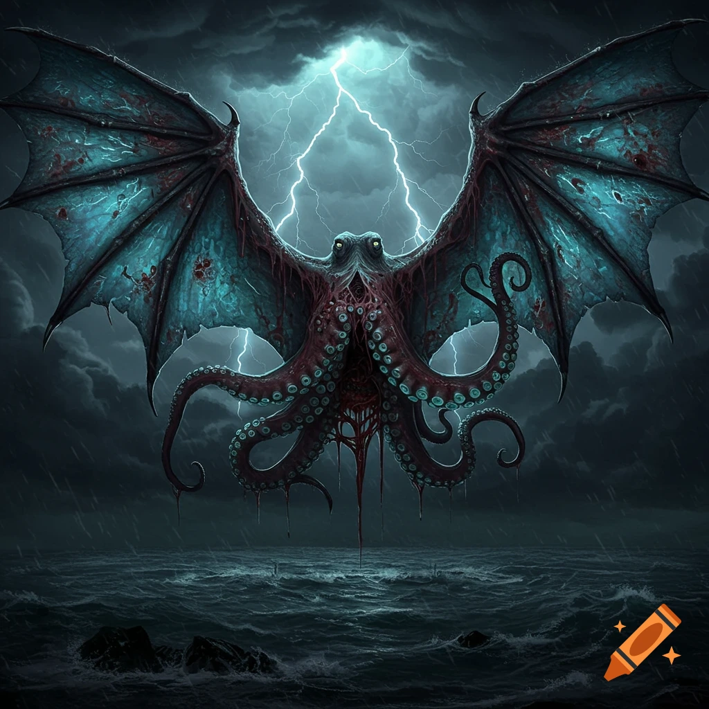 A winged octopus monster flies above a stormy ocean with lightning.