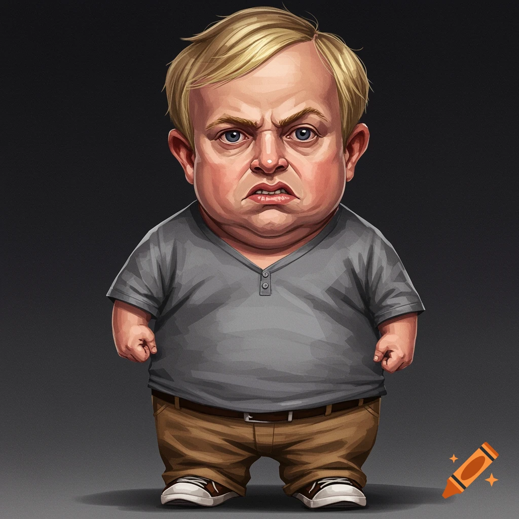 Image of a short, angry person with blonde hair, grey shirt, and tan pants.