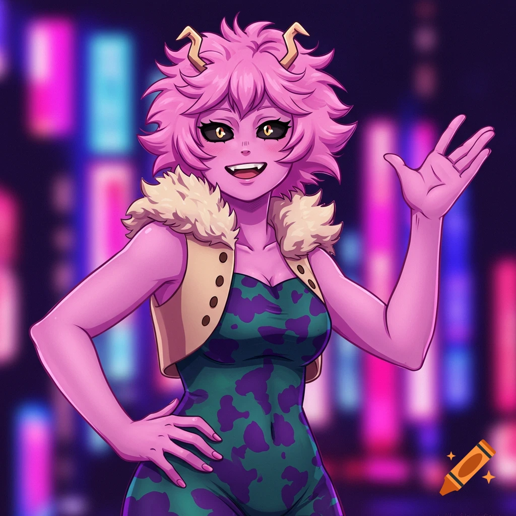 Anime character Mina Ashido waving against a blurred city lights background.