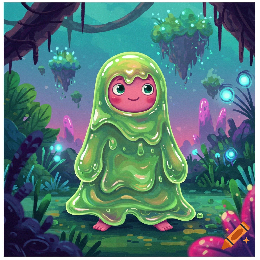 Cute green slime creature in a vibrant fantasy landscape with glowing plants and floating islands.