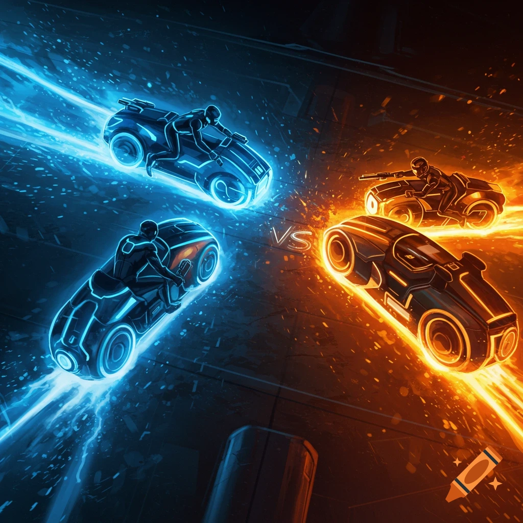 Blue and orange futuristic vehicles are racing in a dark environment with "VS" between them.