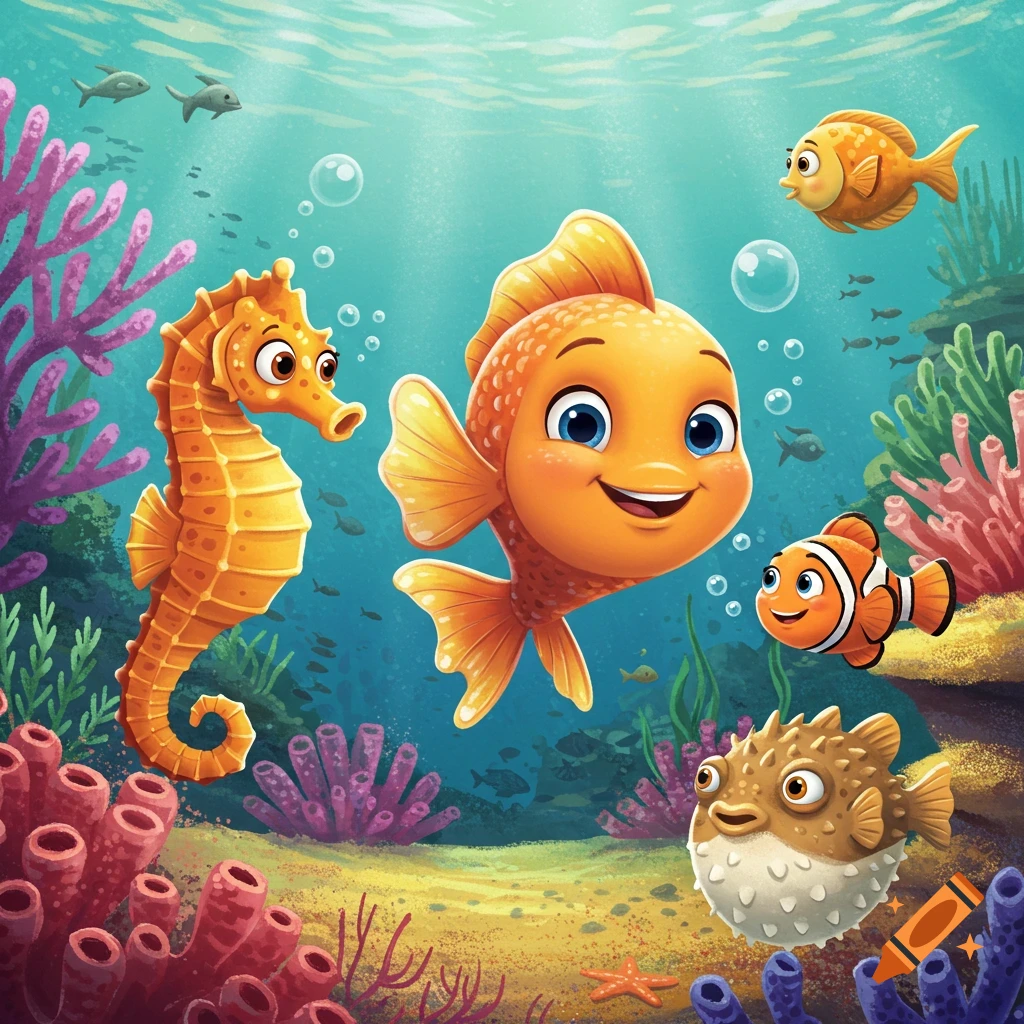 Cartoon of a seahorse, goldfish, clownfish, and pufferfish underwater with coral.