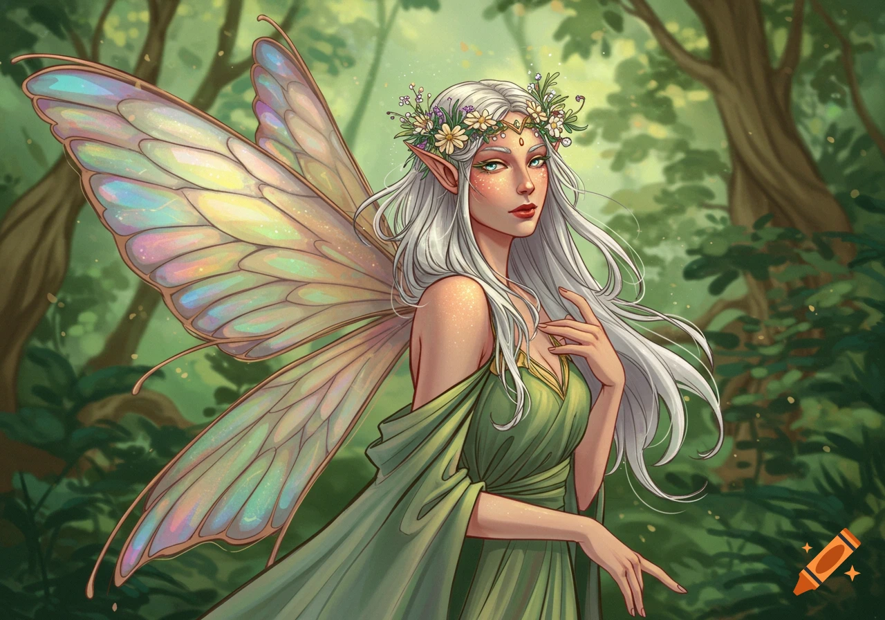 A fairy queen in a forest.