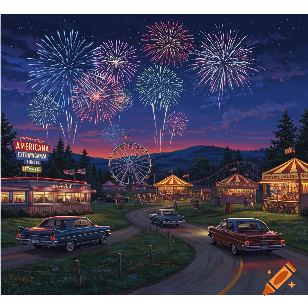 A lively Americana fairground at night with fireworks, vintage cars, a diner, Ferris wheel, and tents.