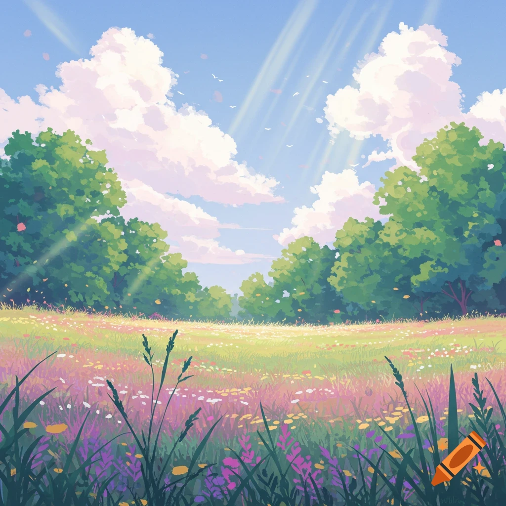 A sunny flower field bordered by trees under a blue sky with clouds and sunbeams.