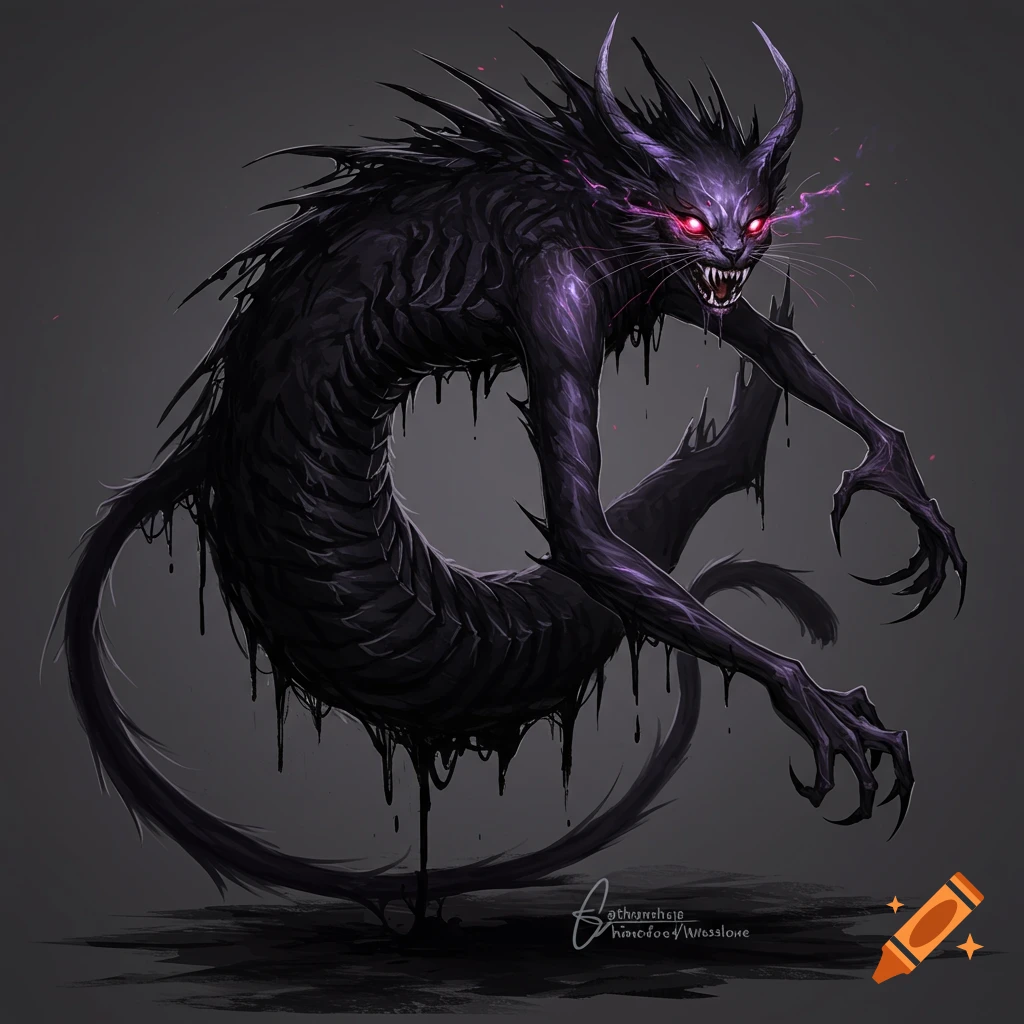 A dark, demonic cat-like creature with red eyes and dripping ink.