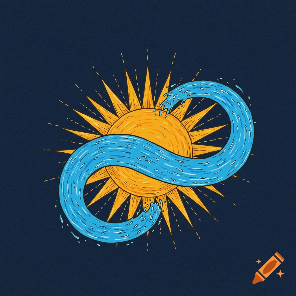 A stylized illustration of the sun with a blue water stream wrapping around it like an infinity symbol.