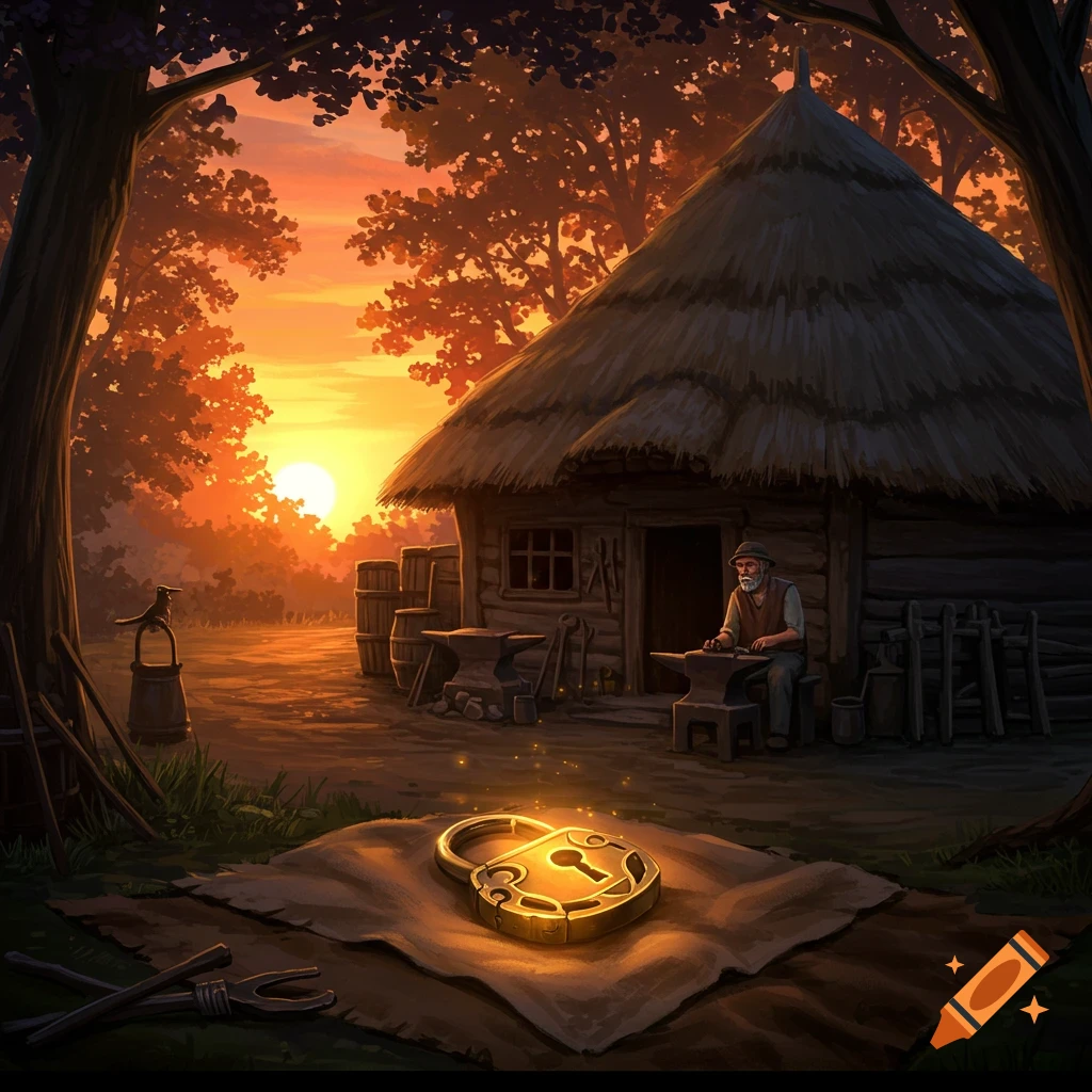 An old man is outside a thatched hut at sunset, with tools and a glowing golden lock on the ground.