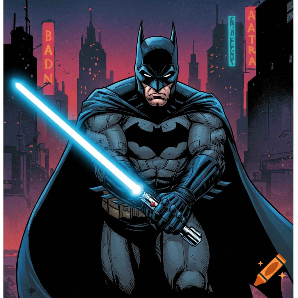 Batman in comic book style holds a blue lightsaber, standing in a city at night with neon signs.