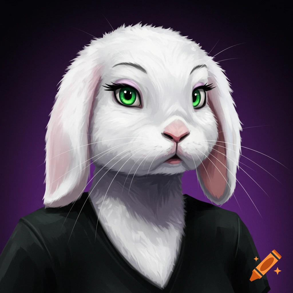 A white anthropomorphic bunny head with green eyes wearing a black shirt.