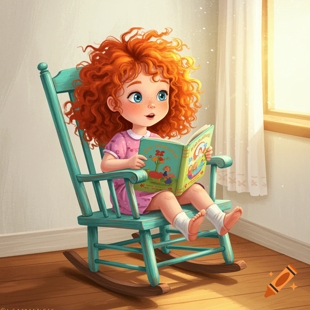 Whimsical illustration of a red-haired girl reading in a rocking chair.
