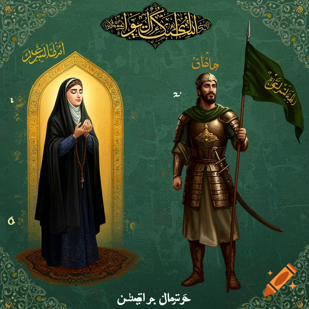 Painting of a woman in black hijab praying and a man in armor holding a green flag with Arabic text.