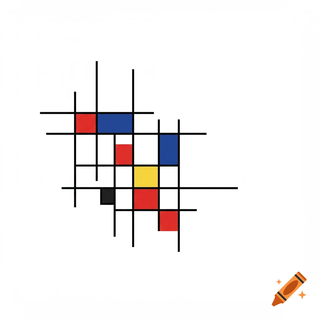 Abstract geometric composition in Mondrian style with black lines and colored rectangles.