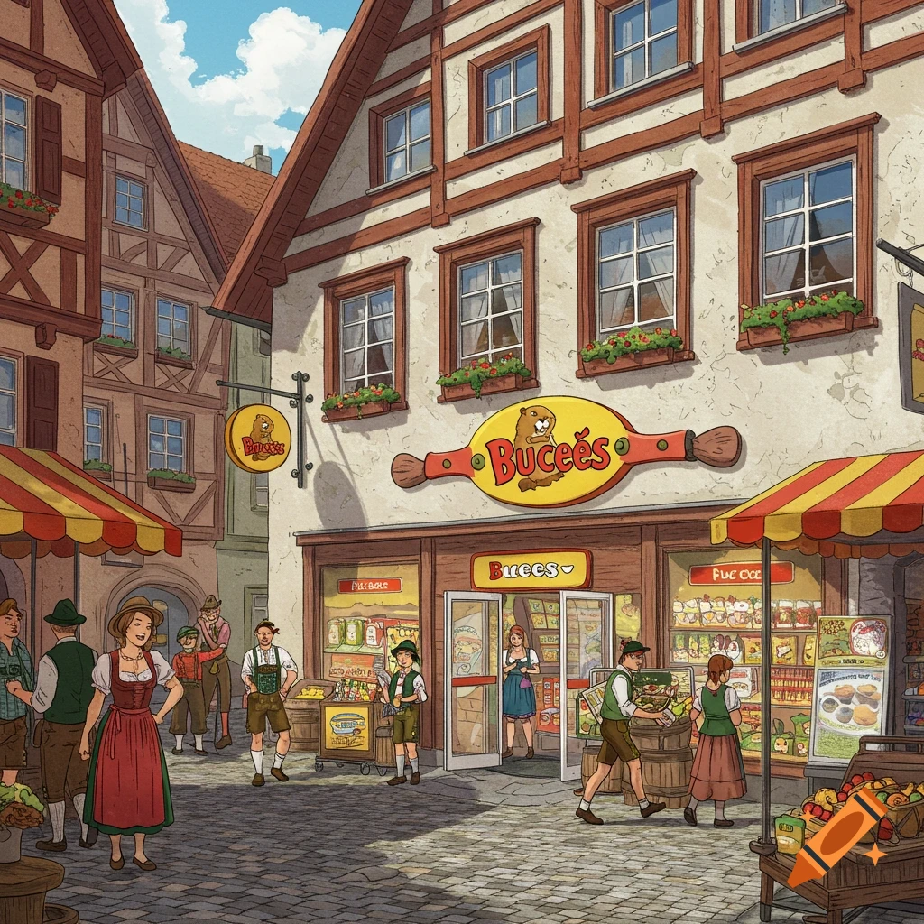 A Bucee's convenience store in a German town square with people in traditional clothing.