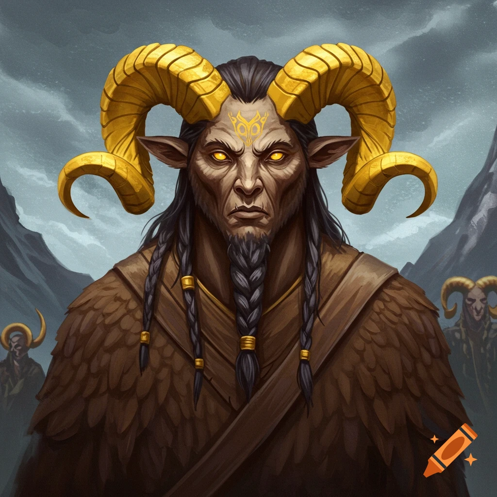 A mythical creature with golden ram horns and glowing eyes in a mountain landscape.