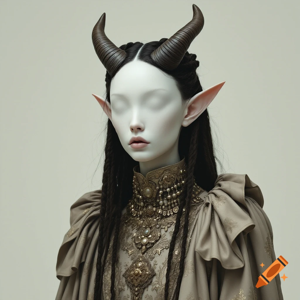 A portrait of a fantasy creature with horns and pointed ears wearing ornate clothing.