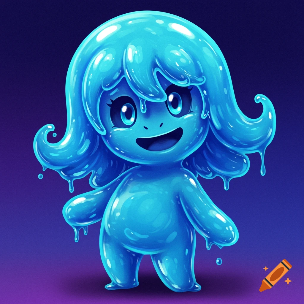 A cute blue slime creature smiling.