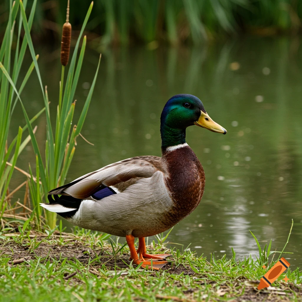 A mallard duck stands by a pond near tall grass.