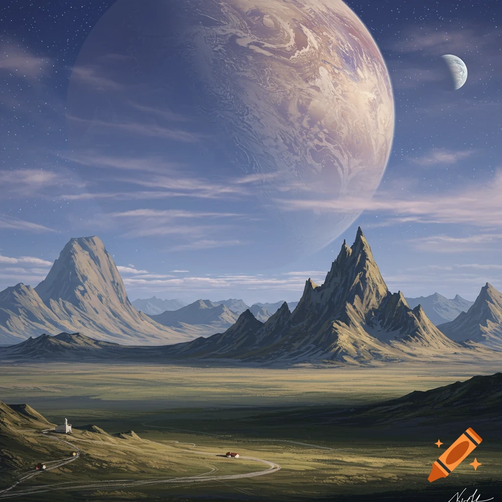 A vast alien landscape with mountains, valley, small building, cars, and a giant planet and moon.