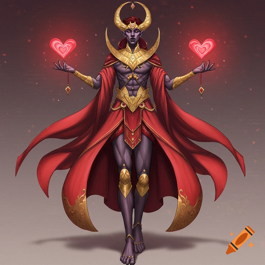 A powerful fantasy character in red and gold, holding glowing hearts.