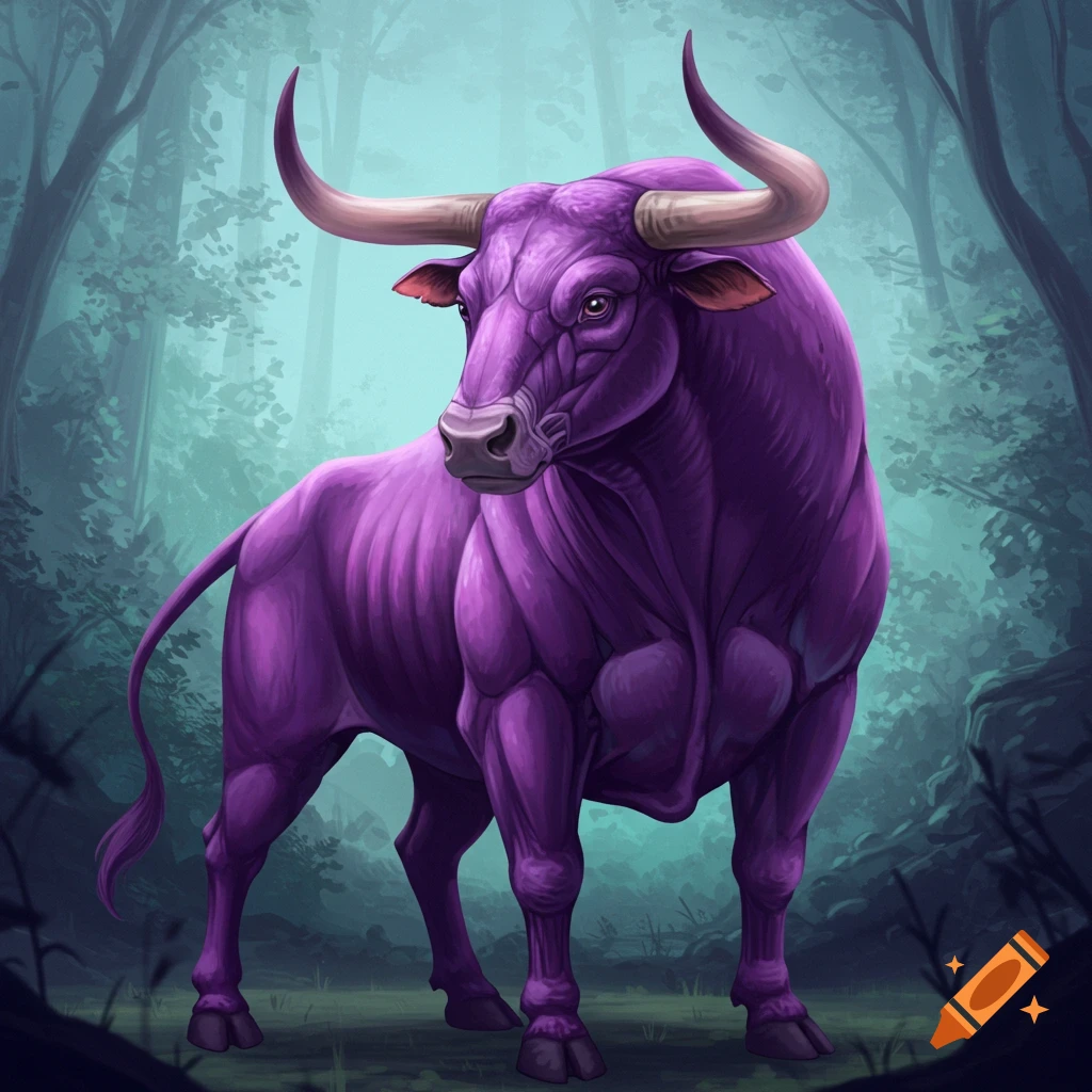 A purple bull stands in a forest.